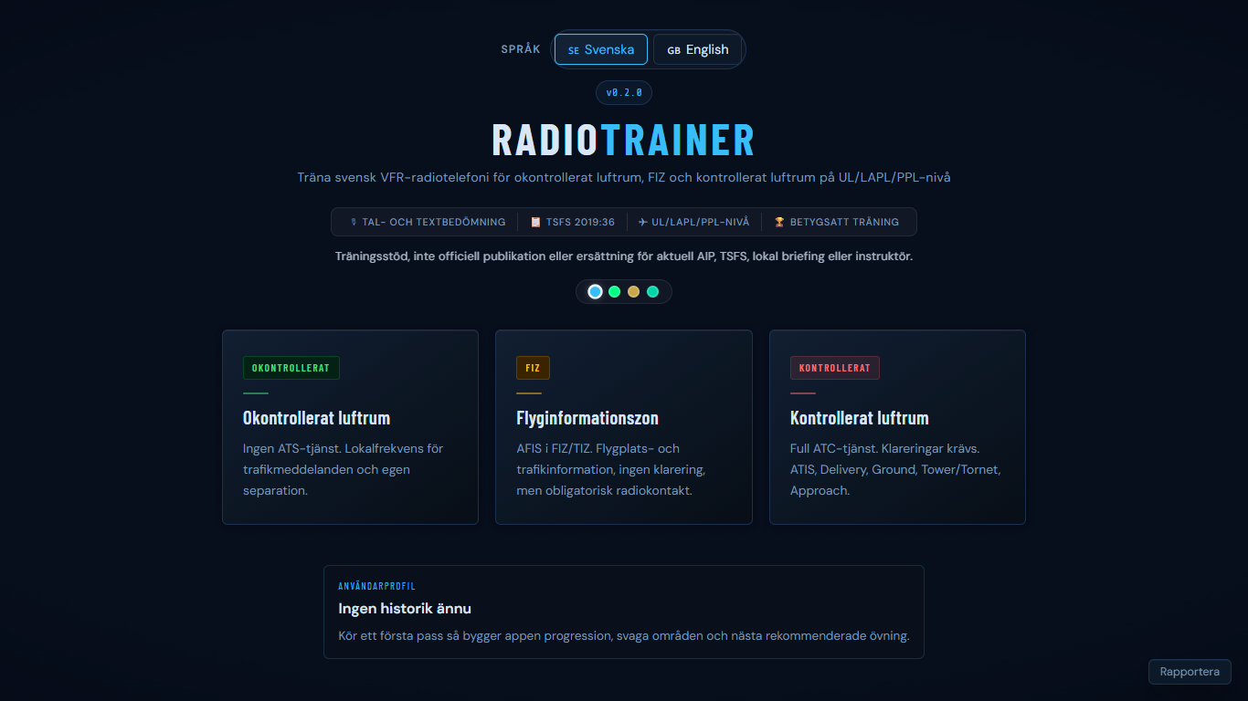 RadioTrainer startvy på dator