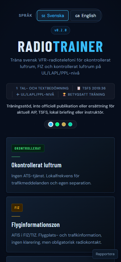 RadioTrainer startvy på mobil